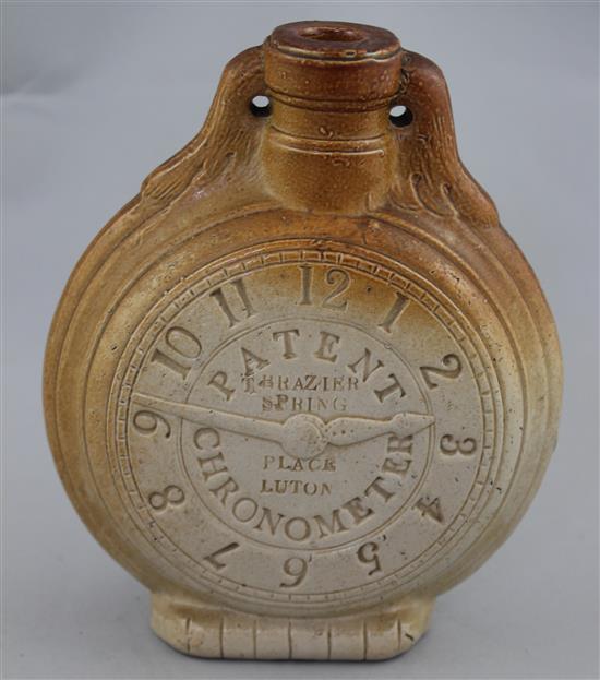 A rare English saltglaze stoneware Patent Chronometer flask, c.1835-40, 17.5cm